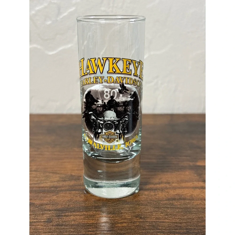 Harley-Davidson Hawkeye Coralville Iowa Tall‎ Shot Glass Shooter Bar Shield Logo